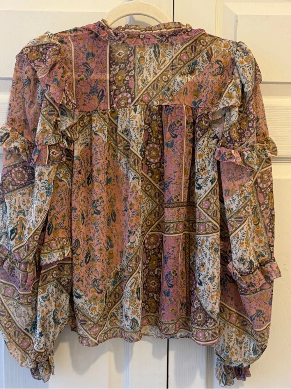 Olivaceous Pink and Gold Paisley Ruffle Blouse - Picture 2 of 4